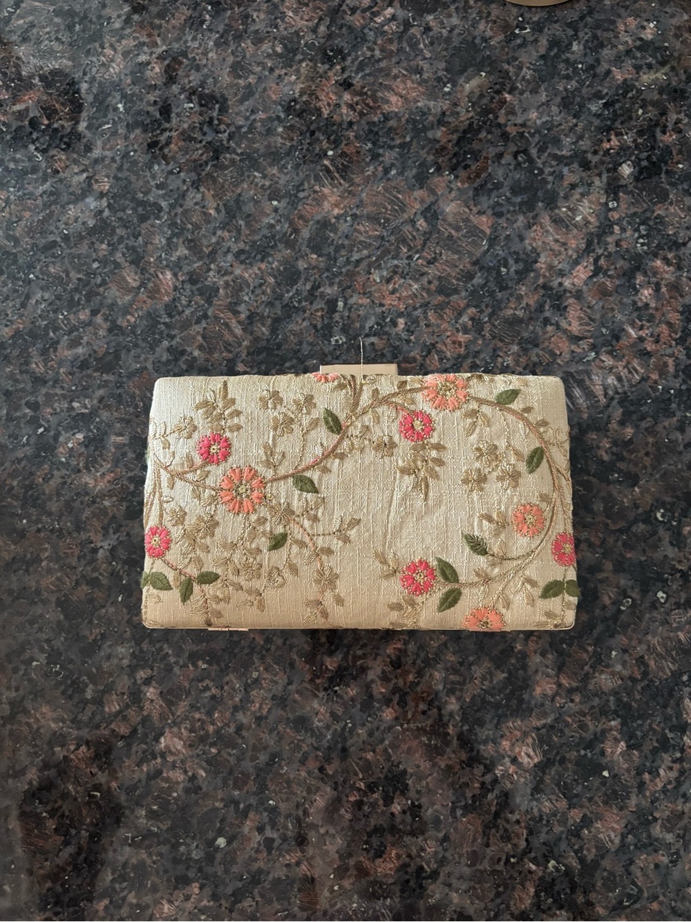 Embroidered Floral Evening Clutch - Gold with Pink Flowers